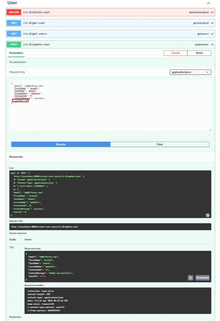 Add User json with 0 userId