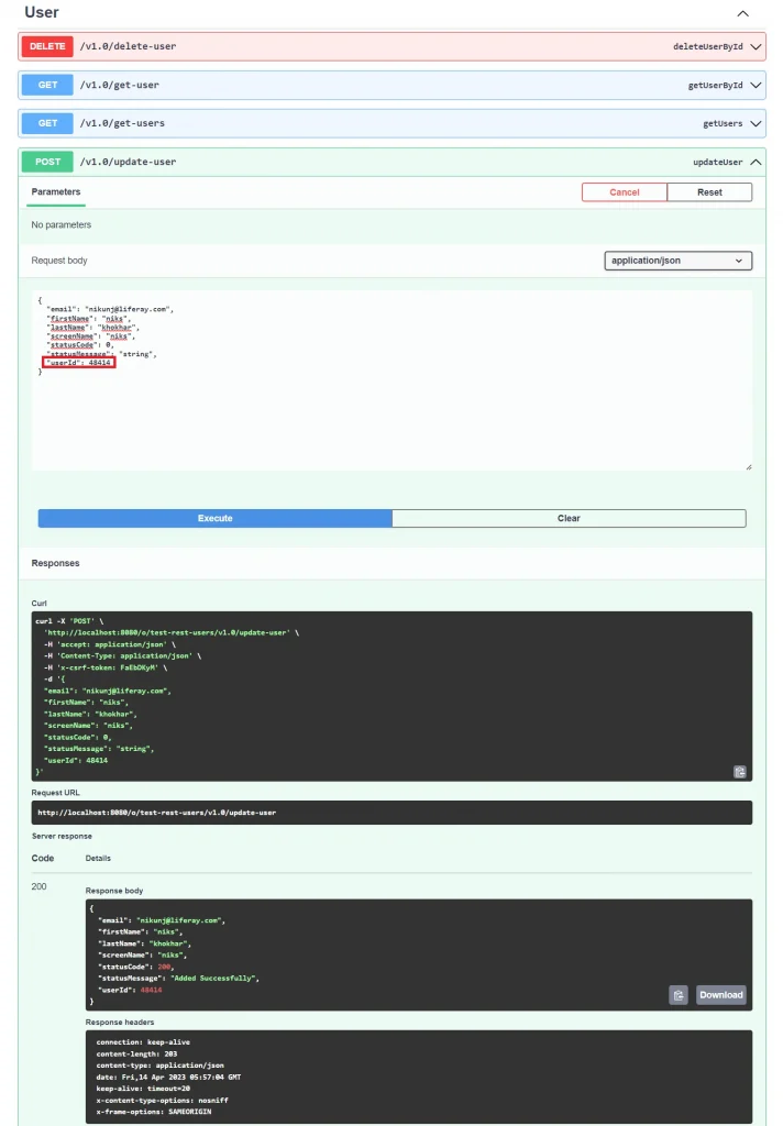 Edit User json with desired userId