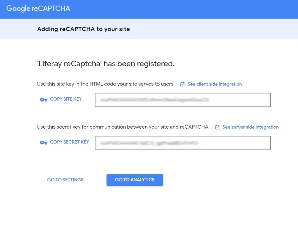 Site and Secret keys for reCAPTCHA