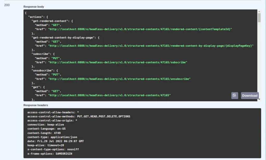 Structured content API response body with JSON format